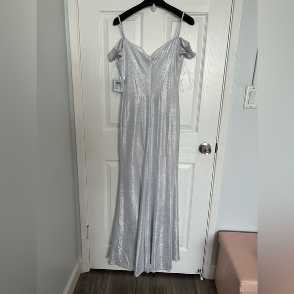 Nightway Long Off-the-Shoulder Metallic Open Leg Maxi Dress - Picture 12 of 14